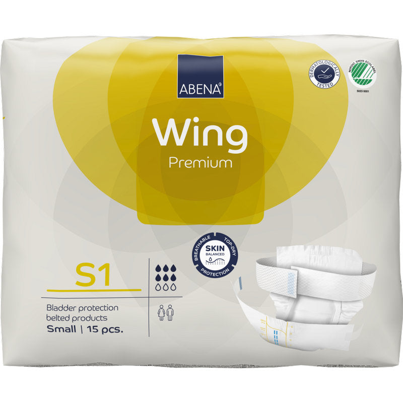 Eine 15er-Packung ABENA Wing Premium by Abena Re-Seller GmbH, Größe Small, kommt in einer überwiegend weißen Verpackung mit gelben Akzenten, die Schutz und Komfort hervorheben, und einem Produktbild auf der Vorderseite.