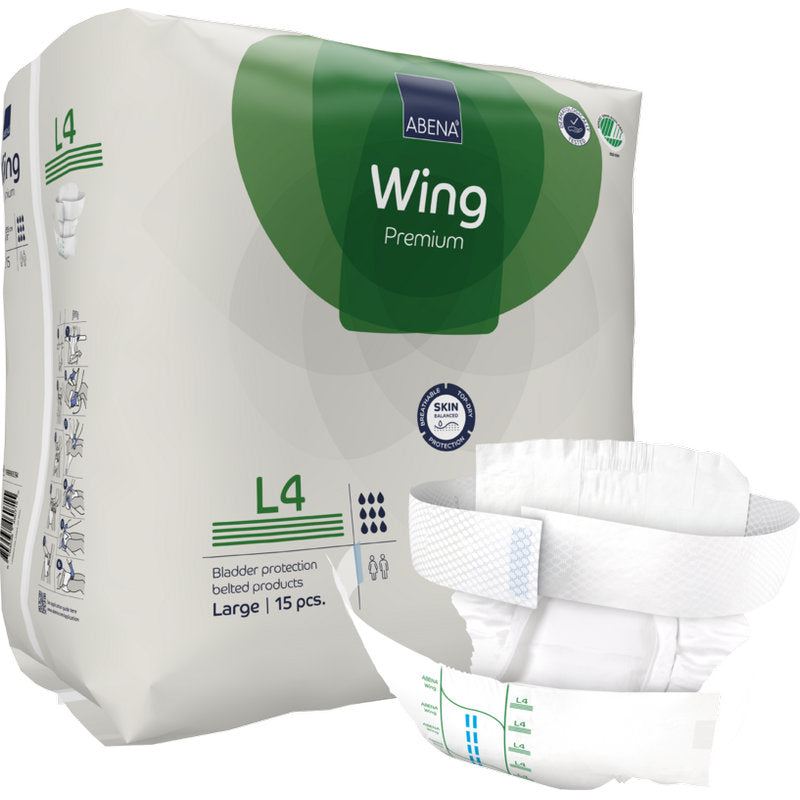 Ein 15er-Pack Abena Re-Seller GmbH ABENA Wing Premium Windeln für Erwachsene, Größe "L4" (groß). Eine Windel ist außerhalb des Pakets angezeigt, zeigt sein Design, Verschlüsse, und bietet Schutz und Komfort.