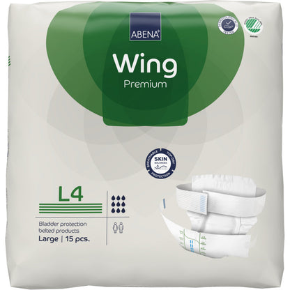 Eine 15er-Packung ABENA Wing Premium von Abena Re-Seller GmbH, Größe Large, in einer weiß-grünen Verpackung mit Produktabbildung, Saugfähigkeitssymbolen und Betonung von Schutz und Komfort.