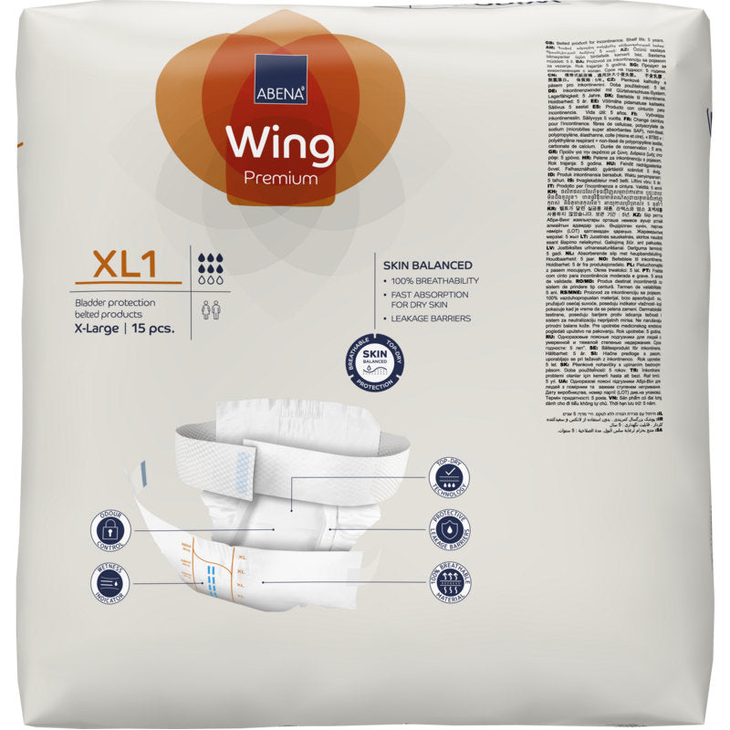 Eine 15-teilige Packung ABENA Wing Premium Inkontinenzslips für Erwachsene (Größe XL1) von Abena Re-Seller GmbH, mit Hautschutz, hoher Saugfähigkeit, einem Slipdiagramm und Produkthighlights auf der Verpackung.