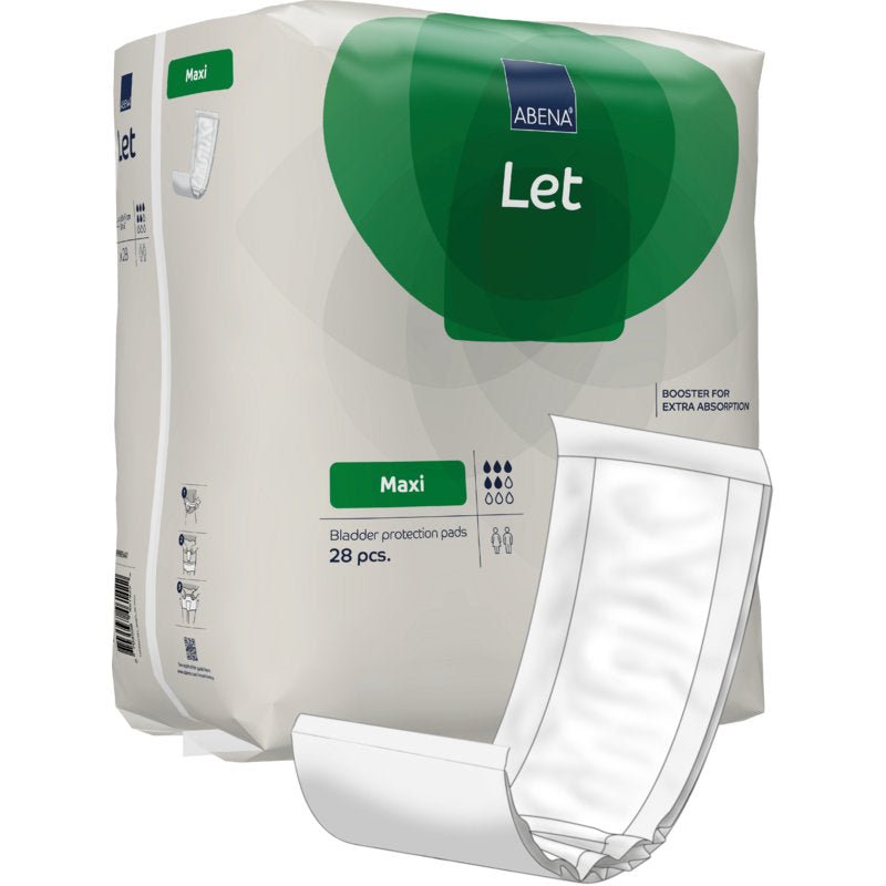 Afbildet er en pakke ABENA Let blærebeskyttelsesindlæg fra Abena Re-Seller GmbH med hvidt og grønt design, en let at bære taske, en illustration af indlægget på forsiden, ekstra absorption og 28 stykker pr. pakke.