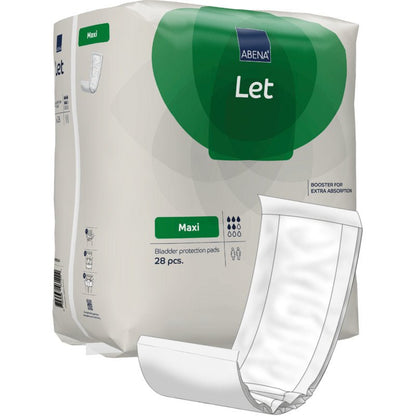 Afbildet er en pakke ABENA Let blærebeskyttelsesindlæg fra Abena Re-Seller GmbH med hvidt og grønt design, en let at bære taske, en illustration af indlægget på forsiden, ekstra absorption og 28 stykker pr. pakke.