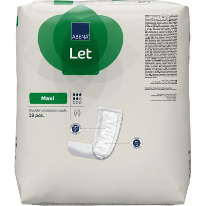 En pakke ABENA Let blærebeskyttelsesindlæg fra Abena Re-Seller GmbH med produktnavn, indlægstype, absorptionskapacitet, antal på 28 indlæg og en illustration af indlægget på hvid og grøn baggrund.