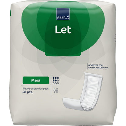 En pakke ABENA Let fra Abena Re-Seller GmbH har et grønt-hvidt design, en produktillustration, 28 ekstra absorberende tamponer pr. pakke og indeholder ABENA Let tasken til nem transport.