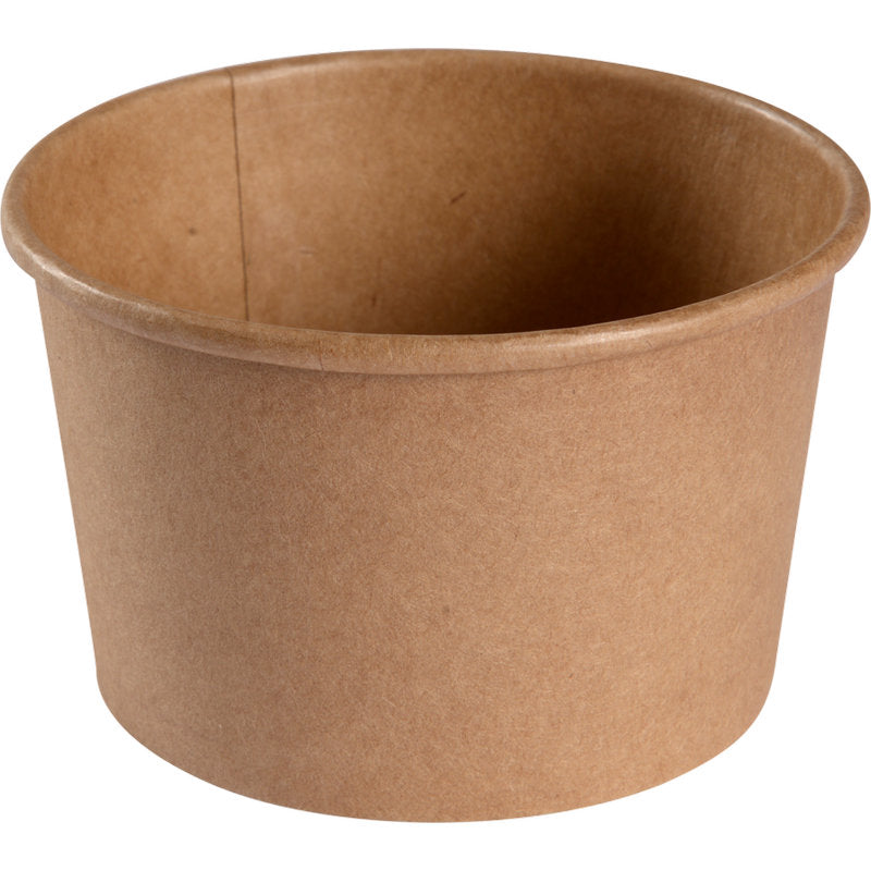 Eine schlichte, braune Schale 240 ml (ø 9,7 cm), Kraft/PE von Abena Re-Seller GmbH, mit glatter Oberfläche und ohne Deckel, ist leer vor einem weißen Hintergrund abgebildet. Verkauft in Packungen zu 50 Paare.