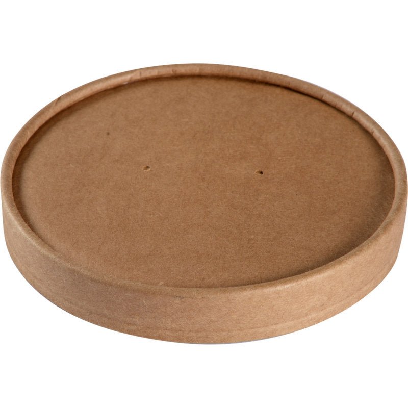 Et rundt, fladt, 11,5 cm kraft/PE-papdæksel fra Abena Re-Seller GmbH med to små midterhuller, fotograferet på hvidt. Miljøvenligt og praktisk. Pakke: 25 stykker.