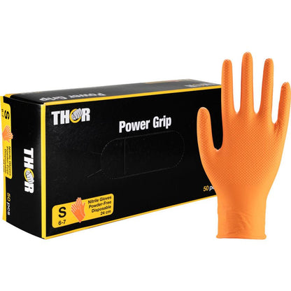 Afbildet er en æske Abena Re-Seller GmbH Thor Power Grip, Orange engangs-nitrilhandsker (lille) med en struktureret handske oprejst ved siden af. Emballagen fremhæver det pudderfri, holdbare design og det ekstraordinære greb - ideel til underarmstræning.