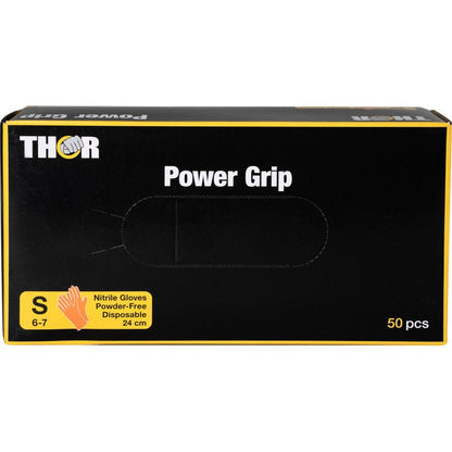 En orange æske med påskriften "Thor Power Grip" fra Abena Re-Seller GmbH indeholder 50 små (6-7) pudderfri engangs-nitrilhandsker (24 cm lang). Ideel til grebskrafts- og underarmstræning.