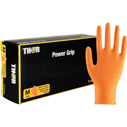 En æske Abena Re-Seller GmbH Thor Power Grip, Orange nitrilhandsker (størrelse M, 50 stykker) med en tekstureret handske, der er afbildet oprejst ved siden af ​​æsken. Ideel til grebskrafts- og underarmstræning.