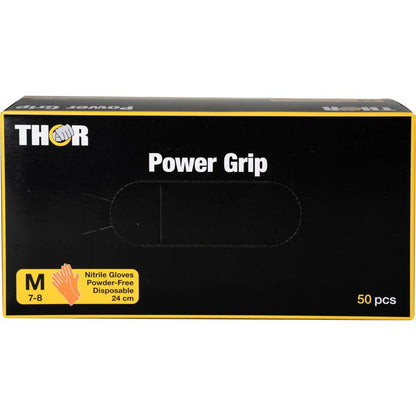 En æske med 50 Abena Re-Seller GmbH Thor Power Grip, Orange nitrilhandsker, størrelse Medium (7-8), pudderfri, engangs, 24 cm lang. Fremragende grebsdesign; æske med gule, hvide og orange accenter.