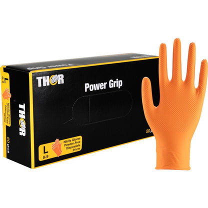 Afbildet er en æske Thor Power Grip, Orange nitrilhandsker fra Abena Re-Seller GmbH, ved siden af ​​hvilken en handske står oprejst. Den sort-gule emballage fremhæver størrelsen L, indeholder 50 handsker og markedsfører dem som håndkrafttræner.