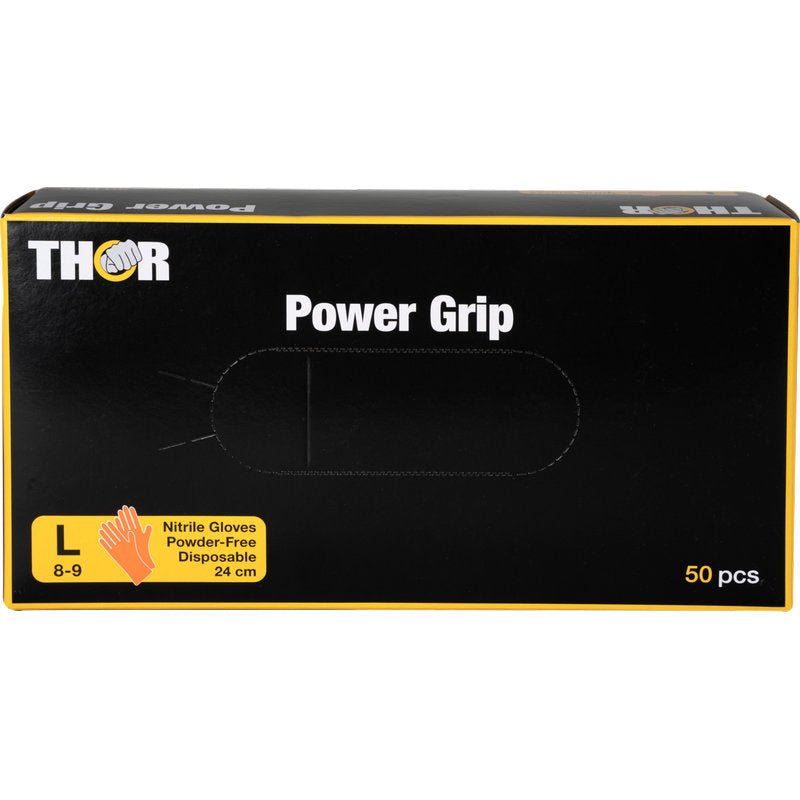 En orange æske med påskriften "Thor Power Grip" fra Abena Re-Seller GmbH indeholder 50 store (8-9), pudderfri engangs-nitrilhandsker. Den gul-hvide etiket viser en afbildning af handsken og fremhæver dens høje greb.