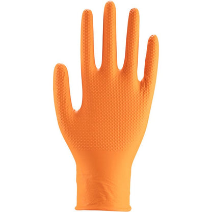 Den Abena Re-Seller GmbH Thor Power Grip, Orange engangshandske er afbildet oprejst med spredte fingre, ideel til grebskrafts- og underarmstræning håndtræner øvelser. Den er lavet af tekstureret nitril- eller latexmateriale.