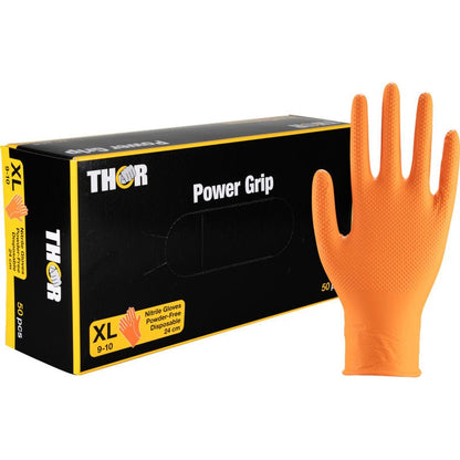En æske Abena Re-Seller GmbH Thor Power Grip Orange nitrilhandsker, størrelse XL, med en handske oprejst ved siden af ​​emballagen. Æsken viser, at det er engangshandsker, der er pudderfri og ideelle til arbejde, hvor ekstra grebskraft er påkrævet.