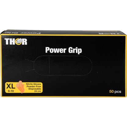 En æske med påskriften "Thor Power Grip, Orange" fra Abena Re-Seller GmbH indeholder 50 pudderfri engangs-nitrilhandsker i størrelse XL (9-10), 24 cm lang, med et gult håndsymbol og produktinformationer på forsiden for bedre greb.