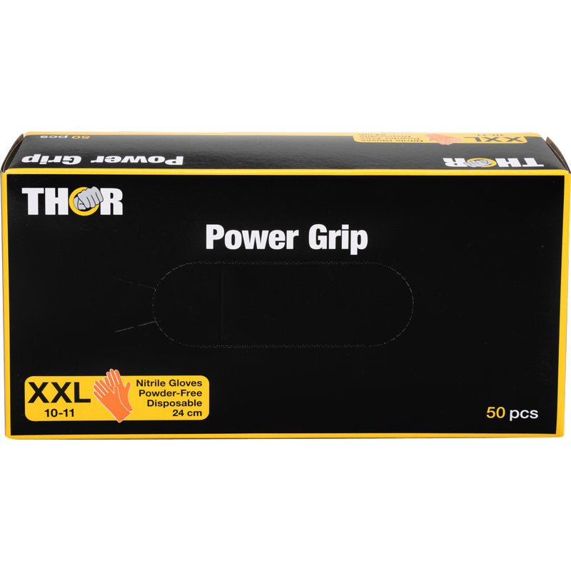 En orange æske med påskriften "Thor Power Grip" fra Abena Re-Seller GmbH indeholder 50 pudderfri XXL-engangshandsker af nitril (størrelse 10-11, 24 cm), ideel til ekstra grebskraft ved underarmstræning eller som håndtræner.