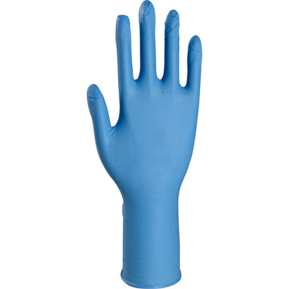 Ein einzelner Thor High Risk Nitril-Handschuh, Blau, 30 cm von Abena Re-Seller GmbH ist aufrecht mit ausgestreckten und leicht gespreizten Fingern abgebildet. Der glatte Nitril-Chemikalienschutz-Handschuh erscheint sauber und unbenutzt vor einem weißen Hintergrund.