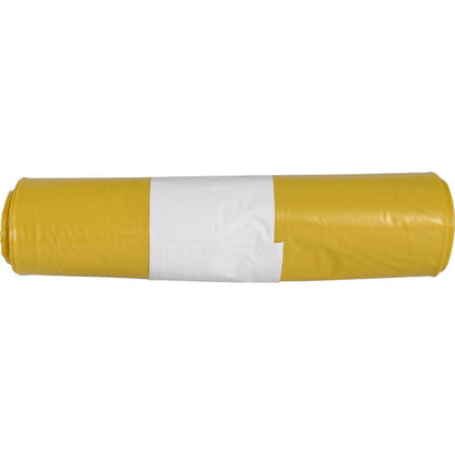 En rulle affaldssække til Sækkoboy 40 (40 my LDPE genbrugt) fra Abena Re-Seller GmbH, gul med en hvid rektangulær etiket i midten, udstillet foran en enkel hvid baggrund.