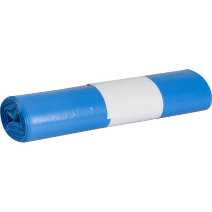 Et tæt oprullet bundt af blå plastiksække fra Abena Re-Seller GmbH affaldssække til Sækkoboy 40 (40 my LDPE genbrugt), som er sikret med et hvidt papirbånd i midten.