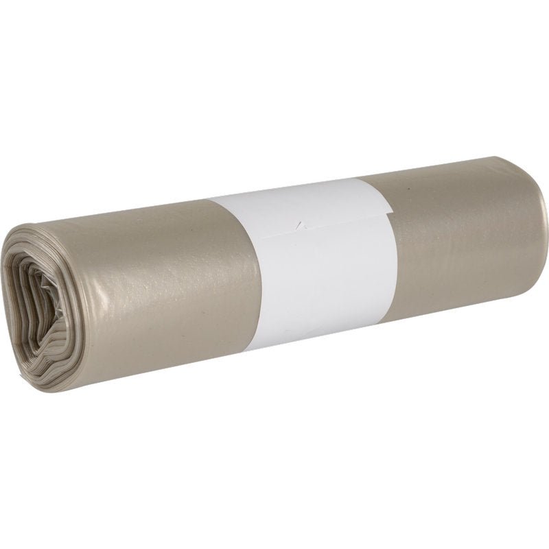 Et tæt rullet bundt lysegrå affaldsposer til Sækko Boy 60 (55 my LDPE Recycled) fra Abena Re-Seller GmbH, med en enkel hvid etiket i midten, afbildet foran en hvid baggrund.