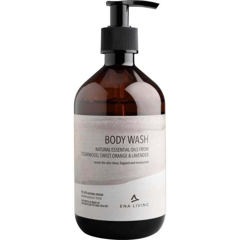 ENA Living Body Wash, 500 ml fra Abena Re-Seller GmbH (kasse med 8 pakker), plejer fugtgivende med æteriske olier fra cedertræ, appelsin og lavendel. Det hvide design fremhæver den blide kropsvaskelotion.