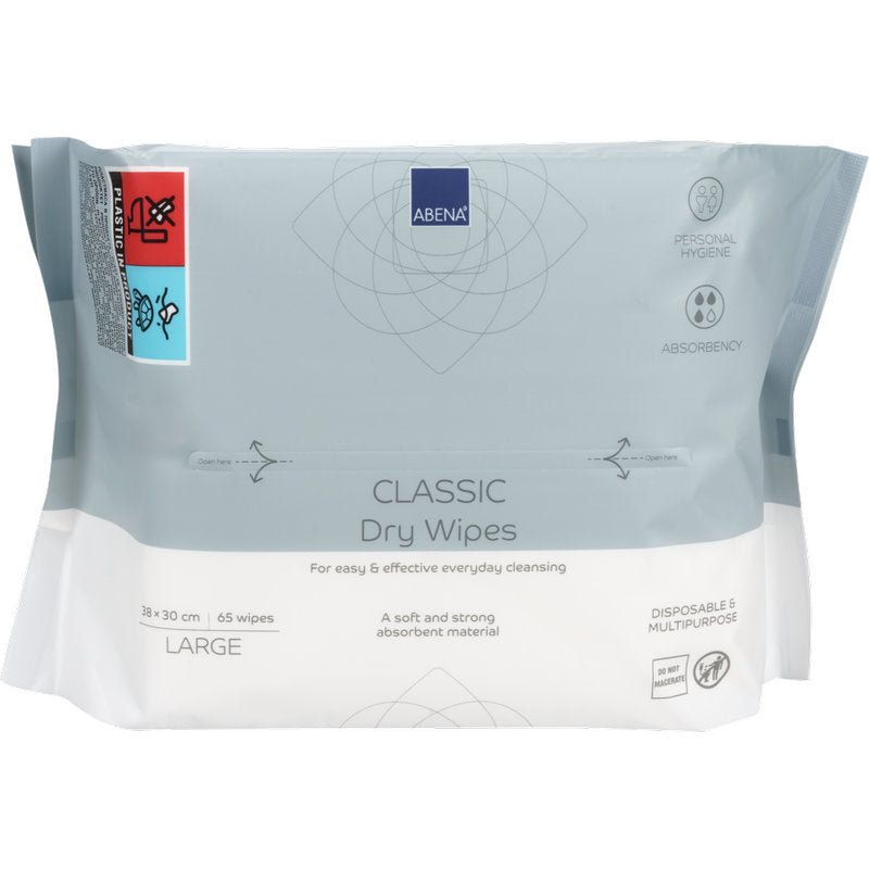 En pakke med 65 Abena Classic engangsvaskeklude, hvid, hver 30x38 cm, fra Abena Re-Seller GmbH. Kendetegnes ved hygiejnisk rengøring, stærk sugeevne og alsidig engangsbrug til kropspleje.