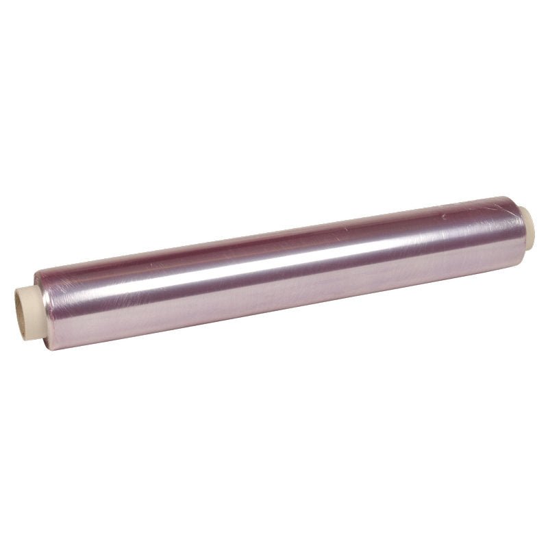 En rulle Abena Re-Seller GmbH husholdningsfilm, PVC, 8my med hvide cylindriske endekapper præsenteres foran en enkel hvid baggrund, ideel til opbevaring af mad.