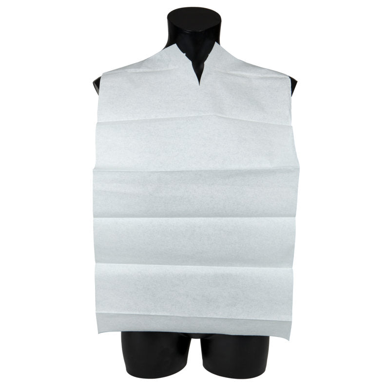 En hvid engangs-spisesmæk Blå/Hvid u. Lomme (38x70 cm) fra Abena Re-Seller GmbH dækker bryst og skuldre på en sort mannequin-torso og har en halsudskæring for sikker pasform. Pakke: 100 stykker.