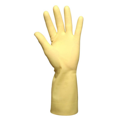Den Abena Re-Seller GmbH husholdningshandsker Latex, Gul, Neopren er oprejst med spredte fingre og en struktureret manchet, der går ud over håndleddet, afbildet på en enkel hvid baggrund.