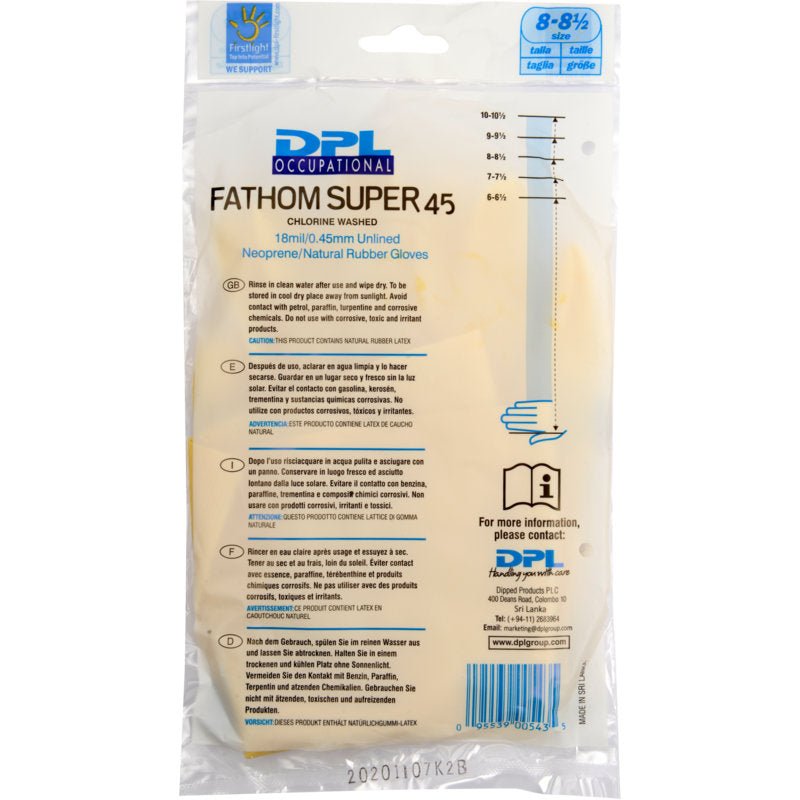 En gennemsigtig plastemballage med påskriften "husholdningshandsker Latex, Gul, Neopren" fra Abena Re-Seller GmbH, der indeholder gule husholdningshandsker. På emballagen er produktspecifikationer og instruktioner angivet på flere sprog.
