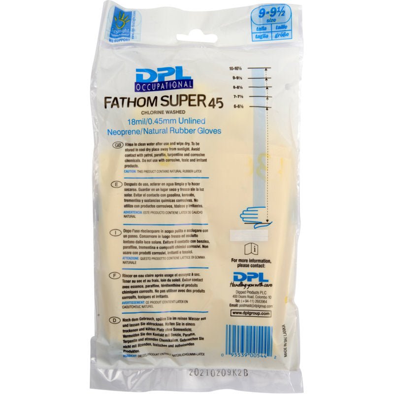En forseglet pakke Abena Re-Seller GmbH husholdningshandsker Latex, Gul, Neopren, størrelse 9-9,5, med produktoplysninger, brugsanvisning og virksomhedsoplysninger på forsiden.