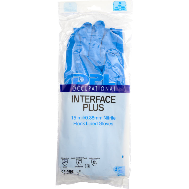 En gennemsigtig plastikemballage indeholder et par blå husholdningshandsker nitril fra Abena Re-Seller GmbH med teksten "Nitril, blå". På undersiden af emballagen er der certificeringssymboler.