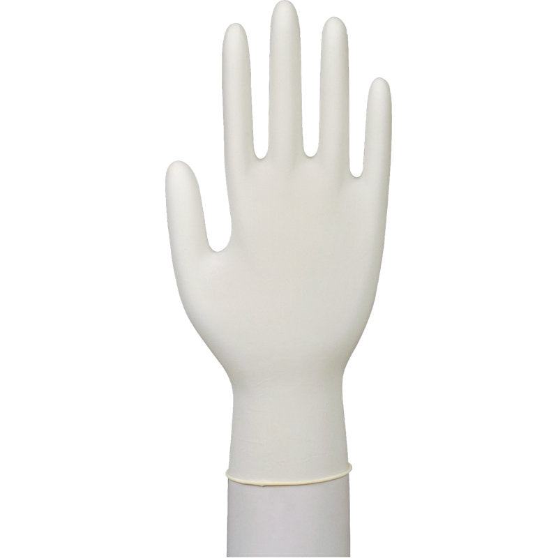 Ein einzelner Latex-Handschuh Excellent, puderfrei von Abena Re-Seller GmbH, ist auf einer erhobenen Hand mit ausgestreckten Fingern vor weißem Hintergrund zu sehen.