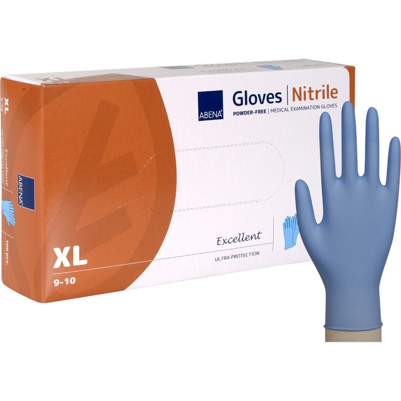 En æske Abena Re-Seller GmbH Nitrilhandsker Excellent, pudderfri, blå i XL, med en blå handske, der står oprejst ved siden af. På emballagen står der "Excellent Ultra Protection".