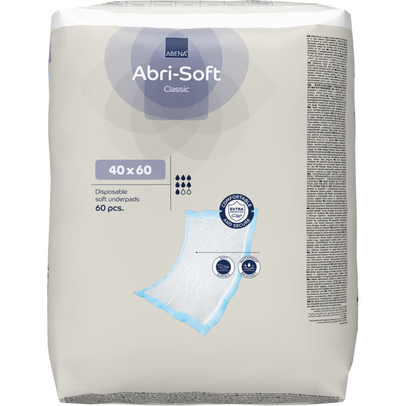 Eine Packung mit 60 Abena Re-Seller GmbH Einweg-Unterlage Abri-Soft Classic, 40x60 cm, blau. Die Verpackung zeigt Größe, Saugfähigkeitssymbole und Zertifizierungslogos.