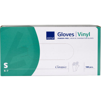 Eine Box Abena Re-Seller GmbH Vinyl-Handschuhe Classic, puderfrei und transparent, Größe small (6-7), enthält 100 Einweghandschuhe. Die weiß-grüne Verpackung nennt Produktdetails und zeigt eine Handschuh-Abbildung.