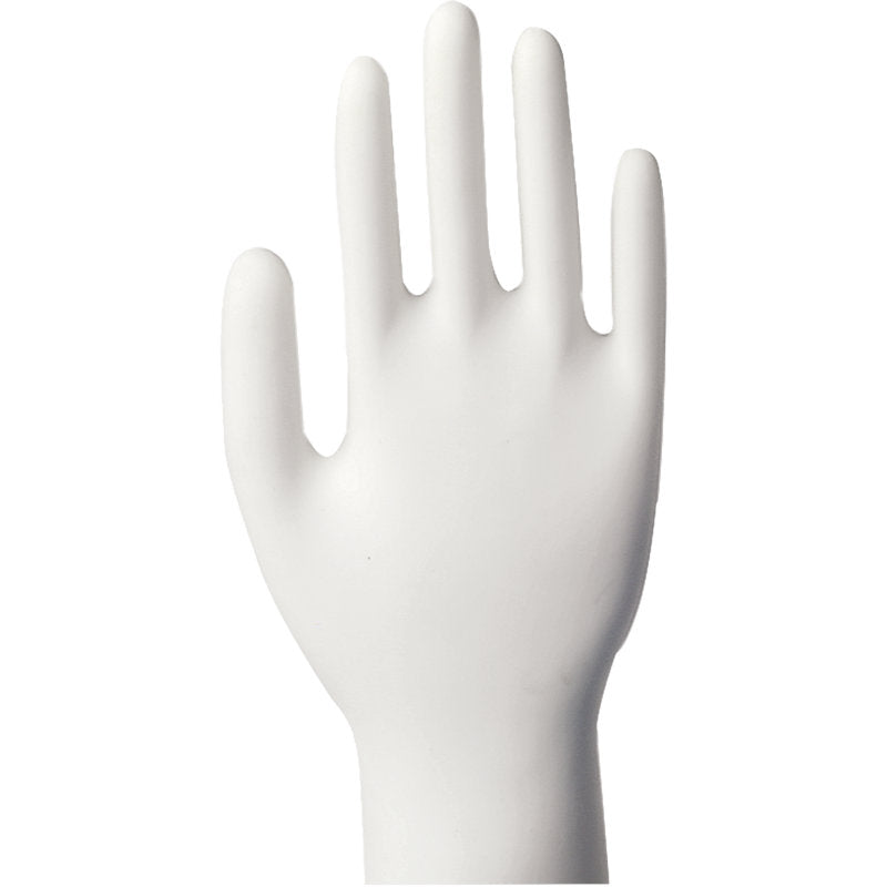 Eine weiße, aufrechte rechte Schaufensterpuppe mit ausgestreckten Fingern zeigt Abena Re-Seller GmbH Vinyl-Handschuhe Classic, puderfrei, transparent vor einem unifarbenen Hintergrund.