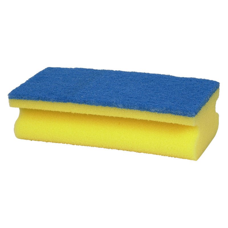 Den store rengøringssvamp (5x7x14 cm) fra Abena Re-Seller GmbH imponerer med gul skumgummibase og blå skureflade - ideel til rengøring af store områder og særligt holdbar.