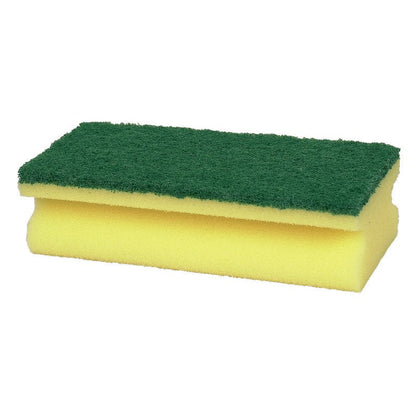 Den store rengøringssvamp (5x7x14 cm) fra Abena Re-Seller GmbH har en gul skumbund med en grøn skuresvamp, ideel til rengøring af store områder, afbildet på hvid baggrund.