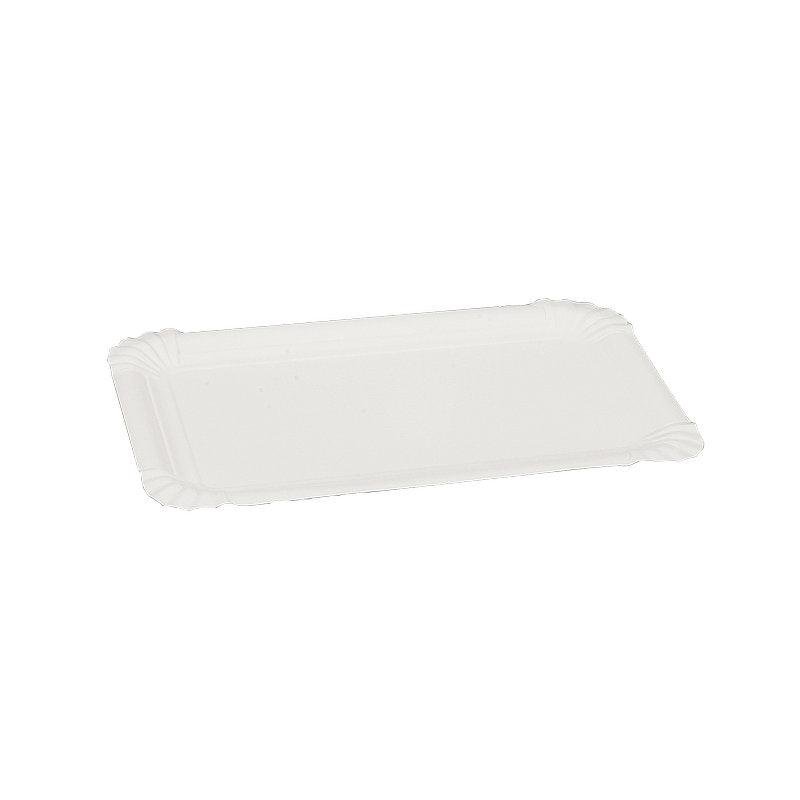 En rektangulær, miljøvenlig Abena Re-Seller GmbH papirtallerken firkantet (13x20 cm) i hvid med bølgekant, solgt i en pakke med 250 stykker og fotograferet på en ensfarvet hvid baggrund.