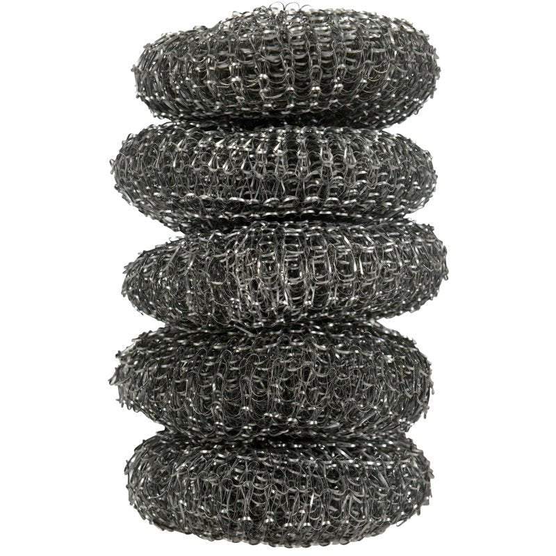 En pakke med fem 16 g Abena Re-Seller GmbH skuresvampe, hver i skiveform og lavet af viklet metaltråd - perfekt til køkkenrengøring og skrubning af gryder og pander.