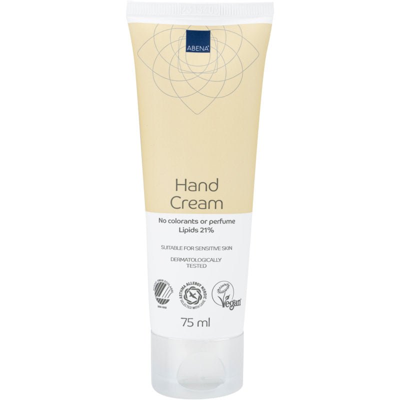 En 75 ml tube af Abena Re-Seller GmbH håndcreme, 21% fedtindhold, uparfumeret, er udstyret med en beige-hvid etiket. Den er dermatologisk testet, vegansk, ideel til sensitiv hud og indeholder 21% lipider.