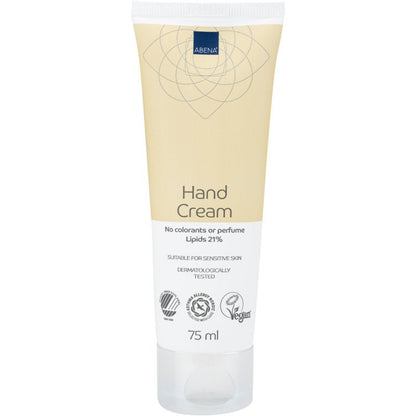 En 75 ml tube af Abena Re-Seller GmbH håndcreme, 21% fedtindhold, uparfumeret, er udstyret med en beige-hvid etiket. Den er dermatologisk testet, vegansk, ideel til sensitiv hud og indeholder 21% lipider.