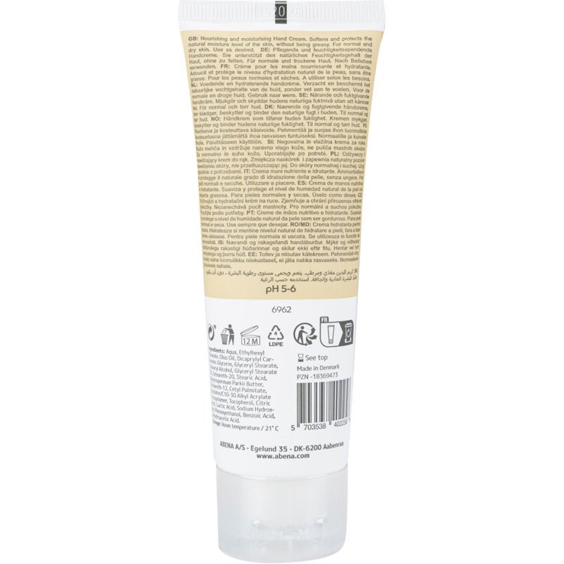 En beige-hvid tube af Abena Re-Seller GmbH håndcreme (21% fedtindhold, uparfumeret) står oprejst med en bagetiket med informationer, symboler, ingredienser og en stregkode. Tuben har en gennemsigtig flip-top-lukning.