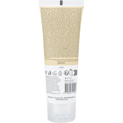 En beige-hvid tube af Abena Re-Seller GmbH håndcreme (21% fedtindhold, uparfumeret) står oprejst med en bagetiket med informationer, symboler, ingredienser og en stregkode. Tuben har en gennemsigtig flip-top-lukning.