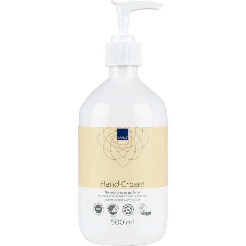 En 500 ml pumpeflaske af Abena Re-Seller GmbH håndcreme, 21% fedtindhold, uparfumeret. Dermatologisk testet, vegansk, velegnet til sensitiv hud; indeholder ingen farvestoffer og ingen parfume. Beige etiket.