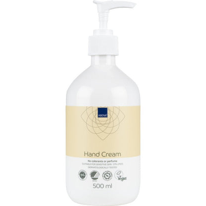 En 500 ml pumpeflaske af Abena Re-Seller GmbH håndcreme, 21% fedtindhold, uparfumeret. Dermatologisk testet, vegansk, velegnet til sensitiv hud; indeholder ingen farvestoffer og ingen parfume. Beige etiket.