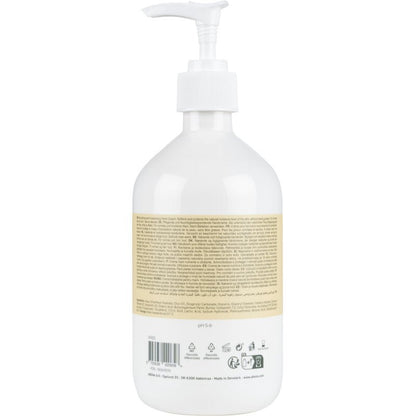 Afbildet er en hvid pumpeflaske af Abena Re-Seller GmbH håndcreme (21% fedtindhold, uparfumeret) med en beige etiket, hvor produktinformationer og ingredienser er opført på flere sprog, set bagfra mod en hvid baggrund.