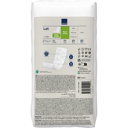 En hvid pakke ABENA Let Super Airlaid fra Abena Re-Seller GmbH (100 stykker) viser produktbilledet, høj sugeevne, genbrugssymboler og brugsanvisninger på forsiden.