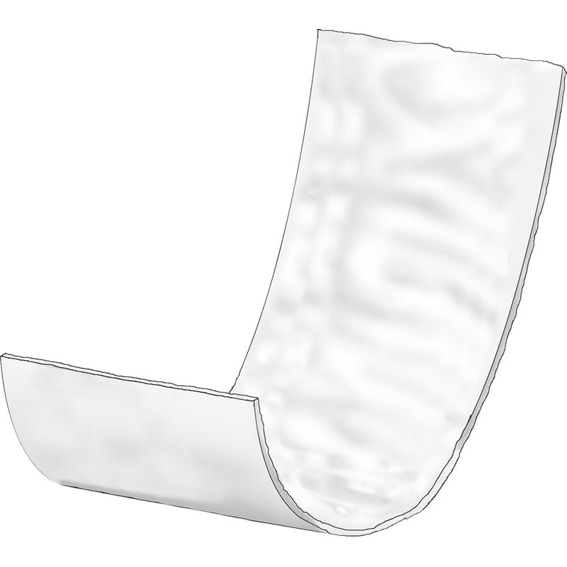 Et enkelt, buet, halvgennemsigtigt hvidt ark - som fleksibel plast eller papir - vises på en ensfarvet baggrund. Ideel til inkontinenspleje med høj sugeevne: ABENA Let Super Airlaid, pakke (100 stykker) fra Abena Re-Seller GmbH.